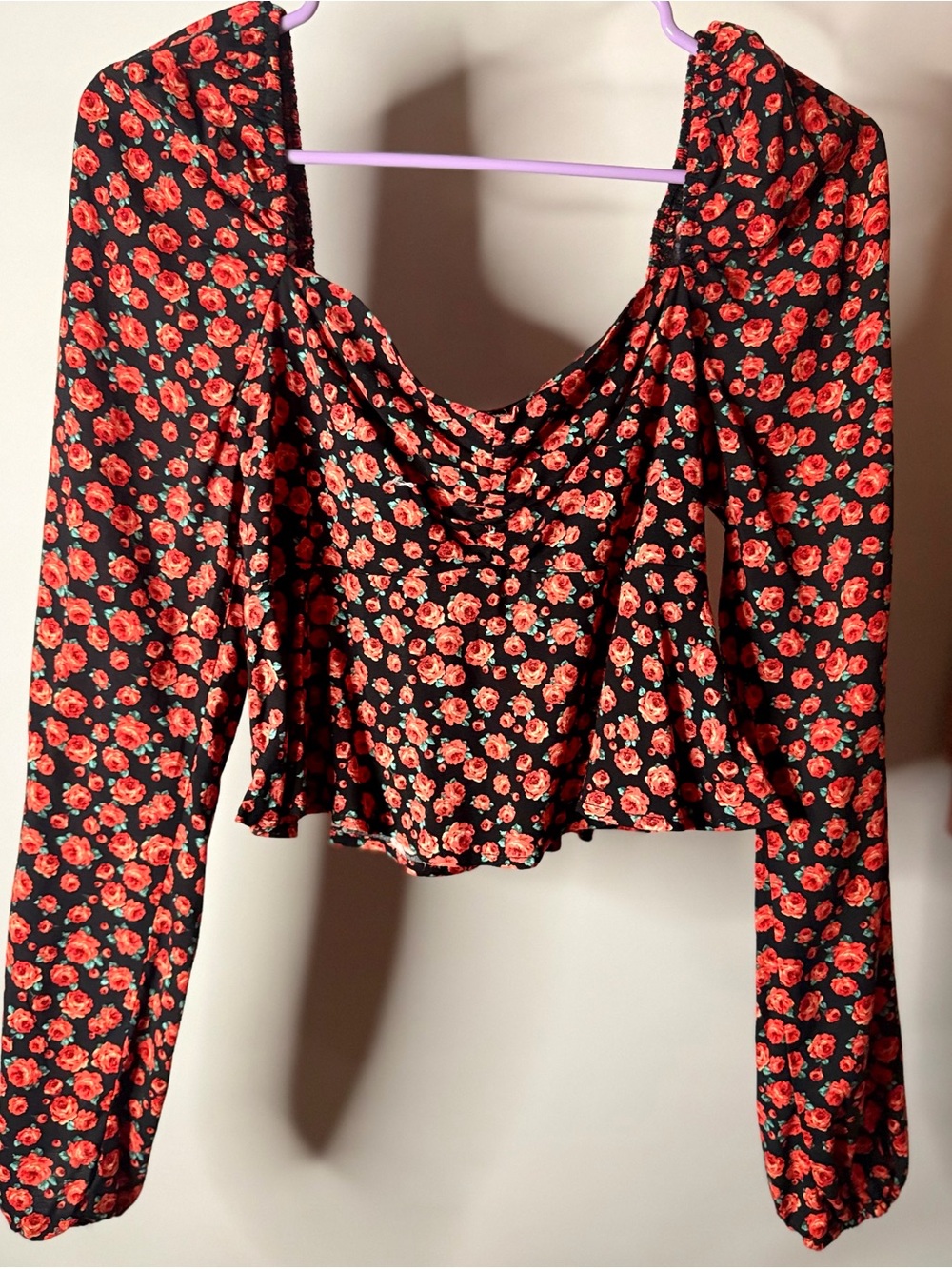 miami Black Crop Top with Red Floral Print